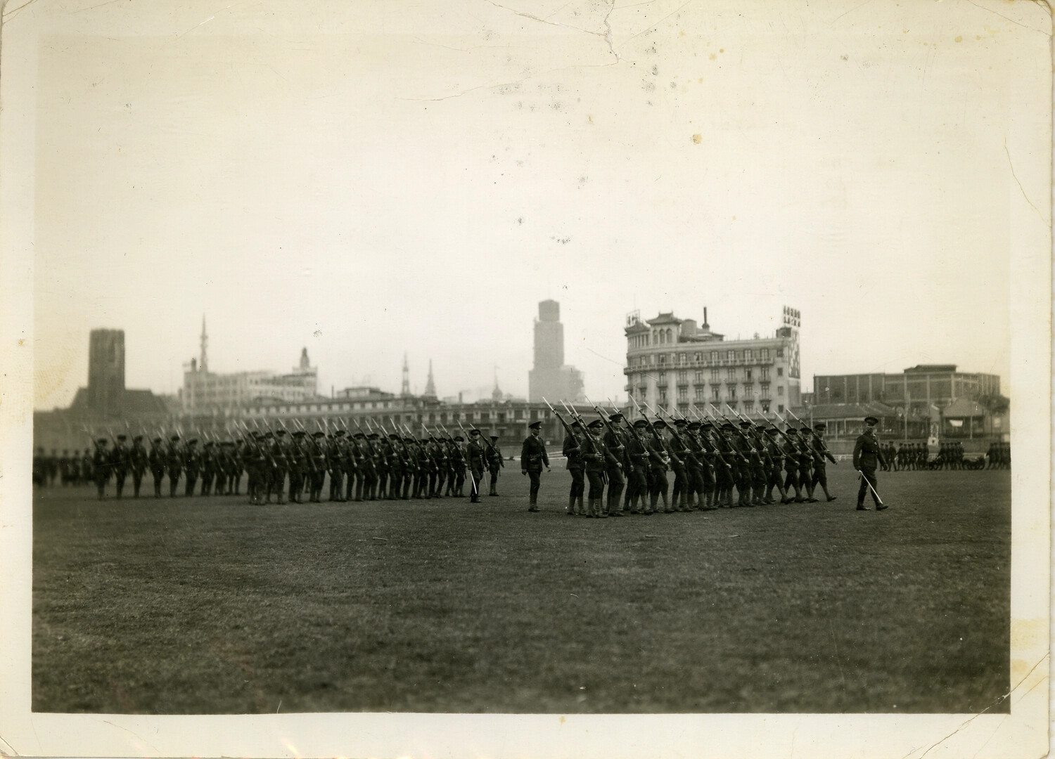 Military Parade with Bund Skyline Backdrop, Shanghai, Interwar Period