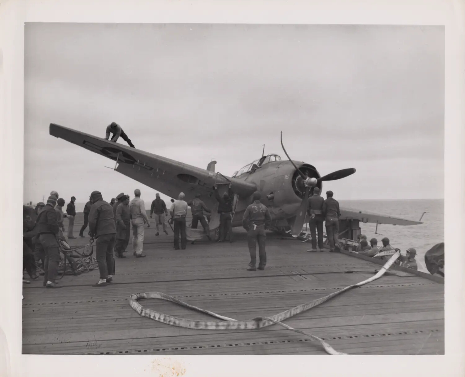 Aircraft Nose-Over Landing Accident on Escort Carrier Flight Deck, WWII