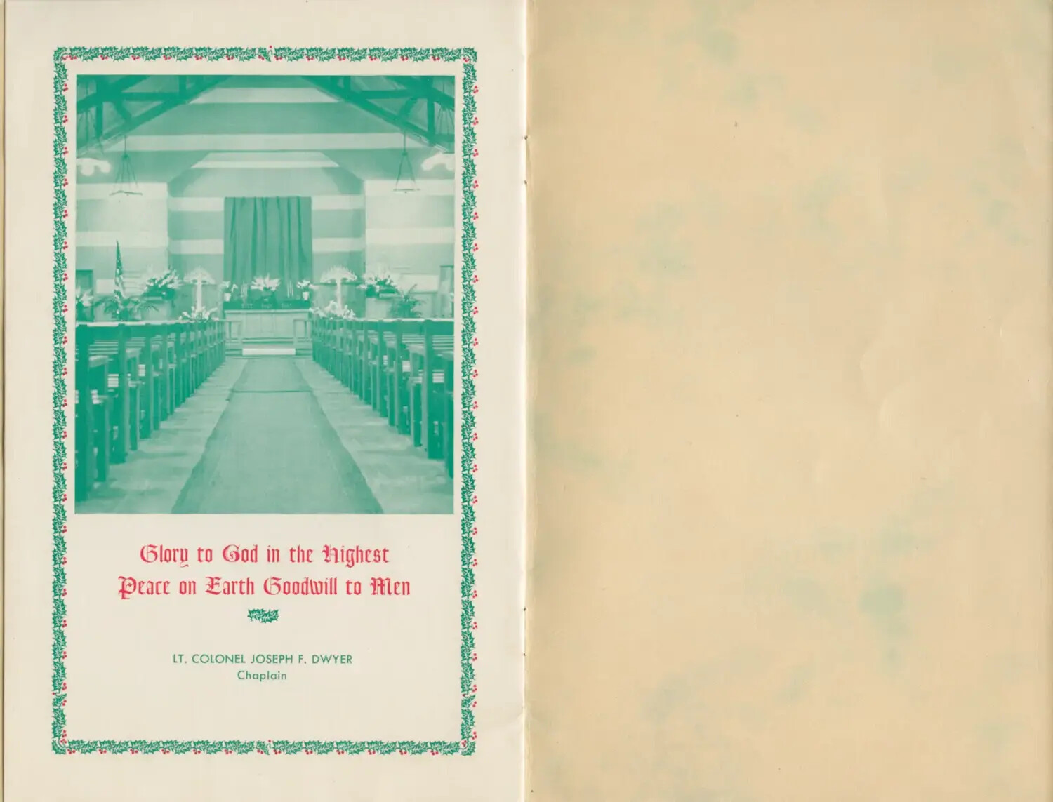 Military Chaplain's Christmas Card, Chapel Interior, Lt. Col. Joseph F. Dwyer, Chaplain