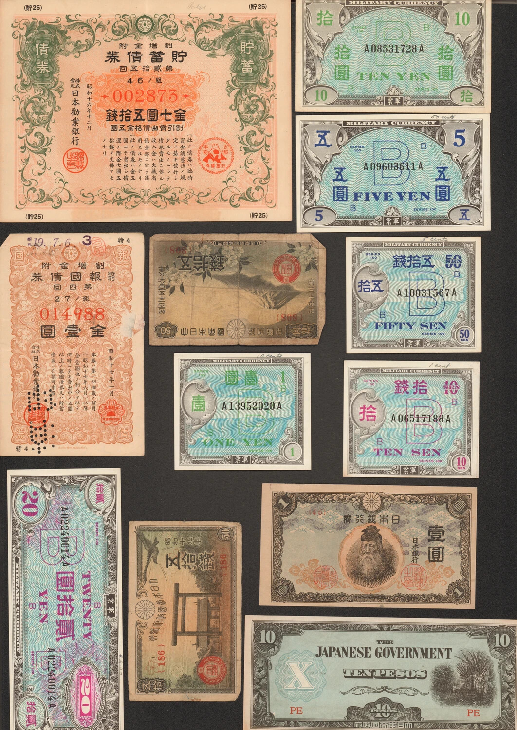 Assortment of WWII-Era Japanese Currency, War Bonds, and Allied Military Occupation Scrip