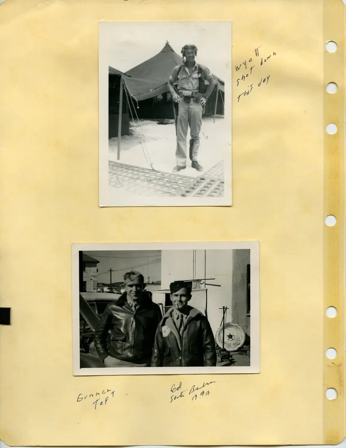 USAAF Aircrew Album Page: 'Wyatt Shot Down This Day' and Aviators 'Gunner Taf' and 'Ed,' 1944
