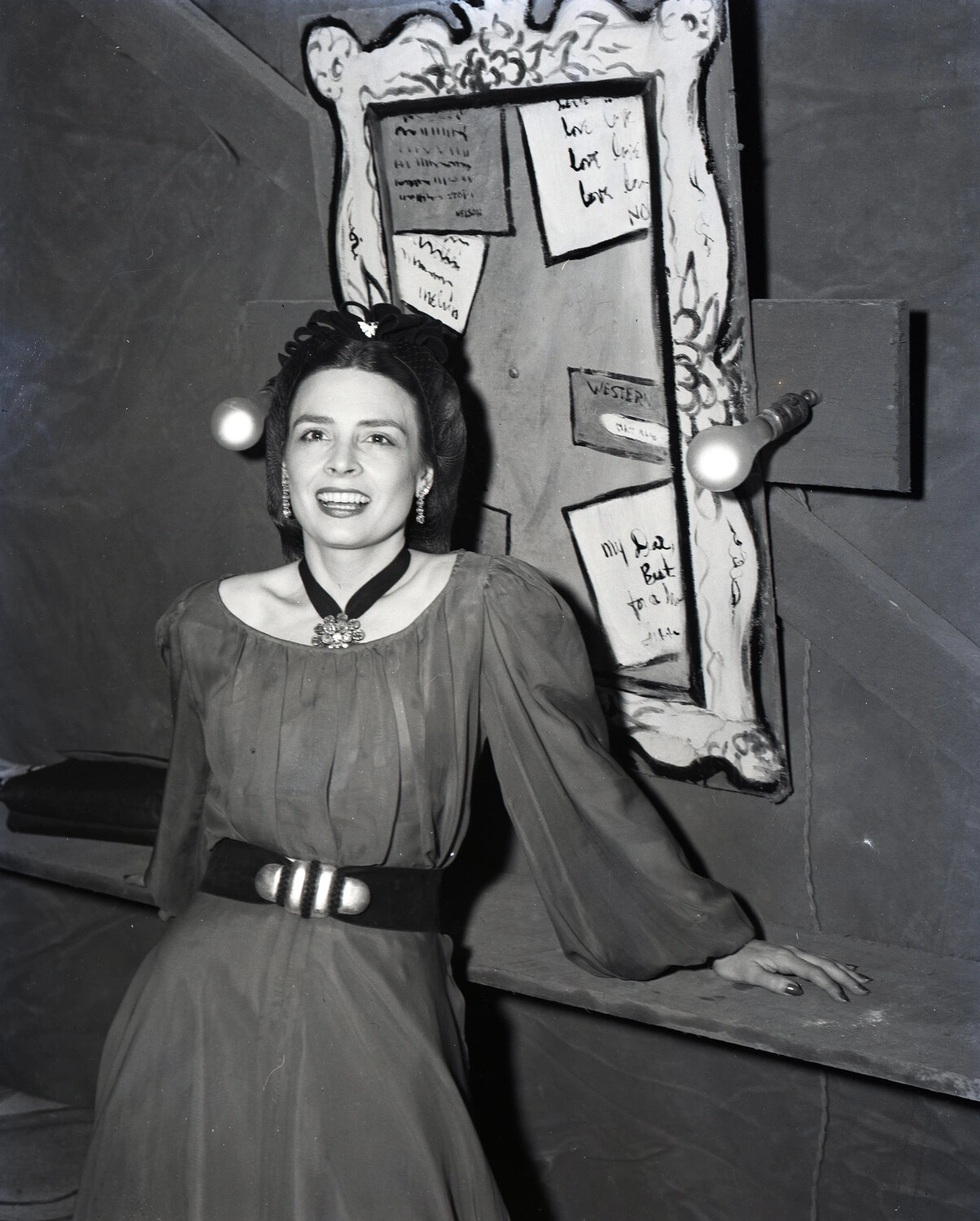 Portrait of Unidentified Woman with Theatrical Prop Backdrop, CBI Theater Entertainment Visit, WWII