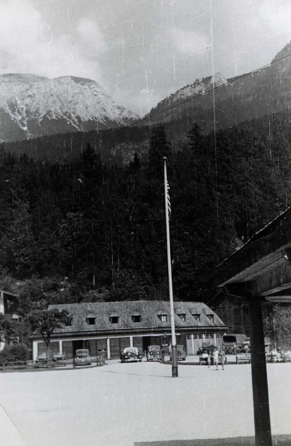 Obersalzberg Motor Pool Building with American Flag, Eagle's Nest Area, 1945
