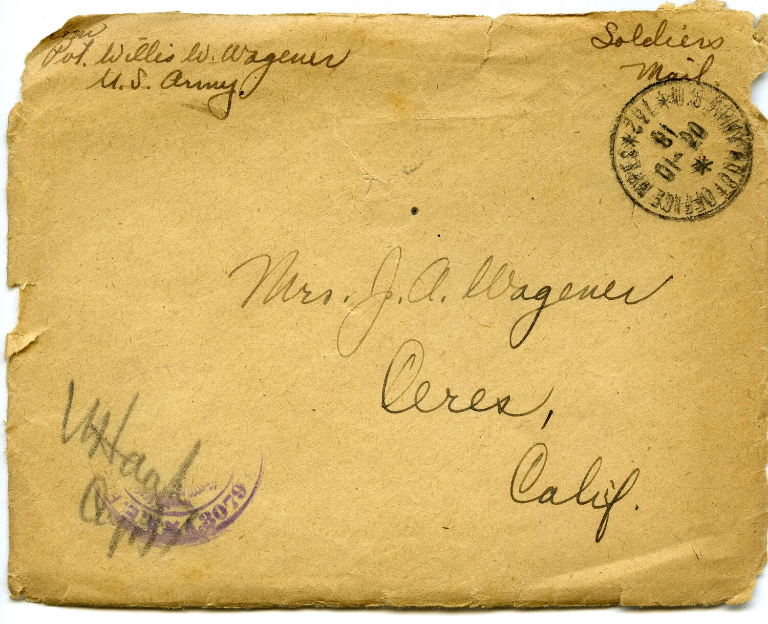 WWI Soldier's Mail Envelope - Pvt. Willis W. Wagener to Mrs. J.A. Wagener, October 1918