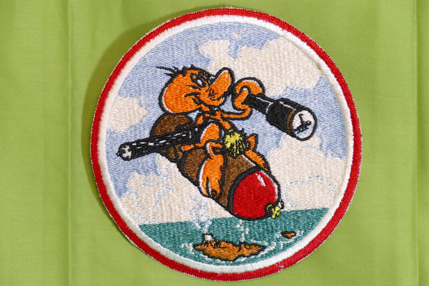 Embroidered Squadron Patch: Cartoon Figure Riding Bomb, U.S. Navy, Korean War Era