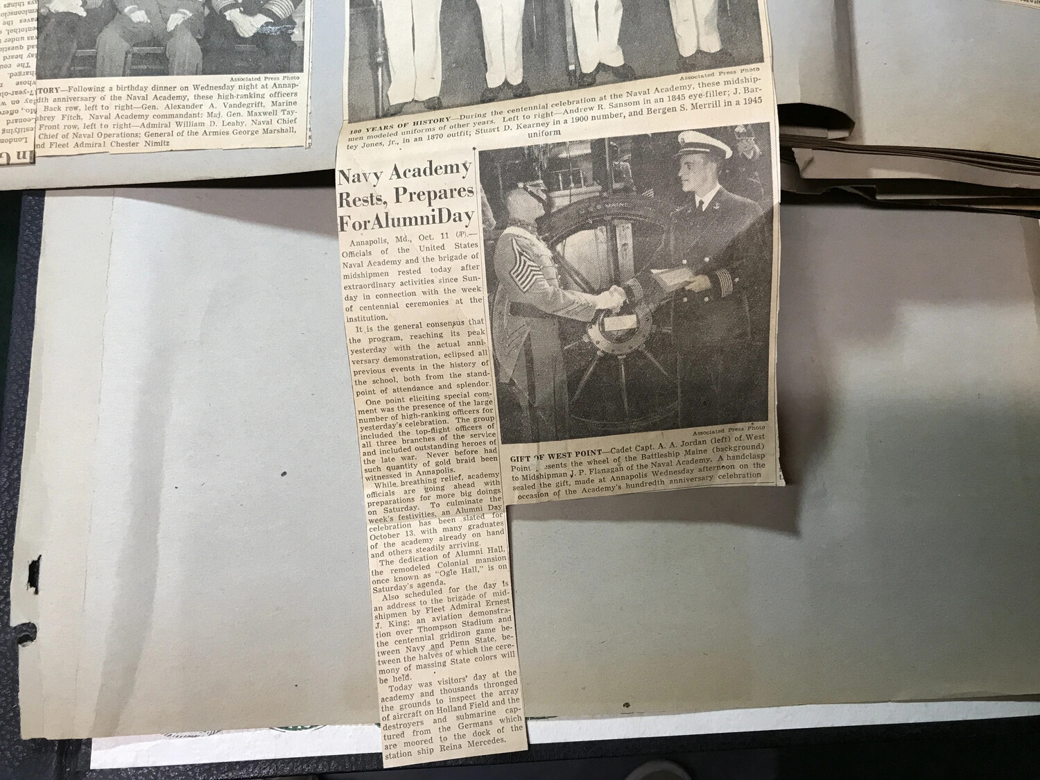 Scrapbook Page of Newspaper Clippings Covering the U.S. Naval Academy Centennial, Annapolis, Maryland, October 1945