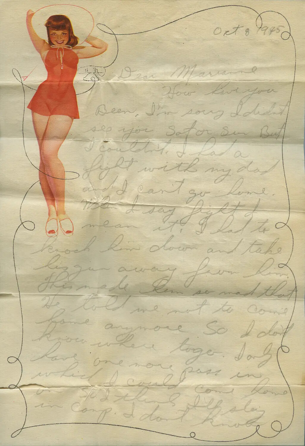 Handwritten Letter to 'Marianne' on Pin-Up Illustrated Stationery, October 8, 1945