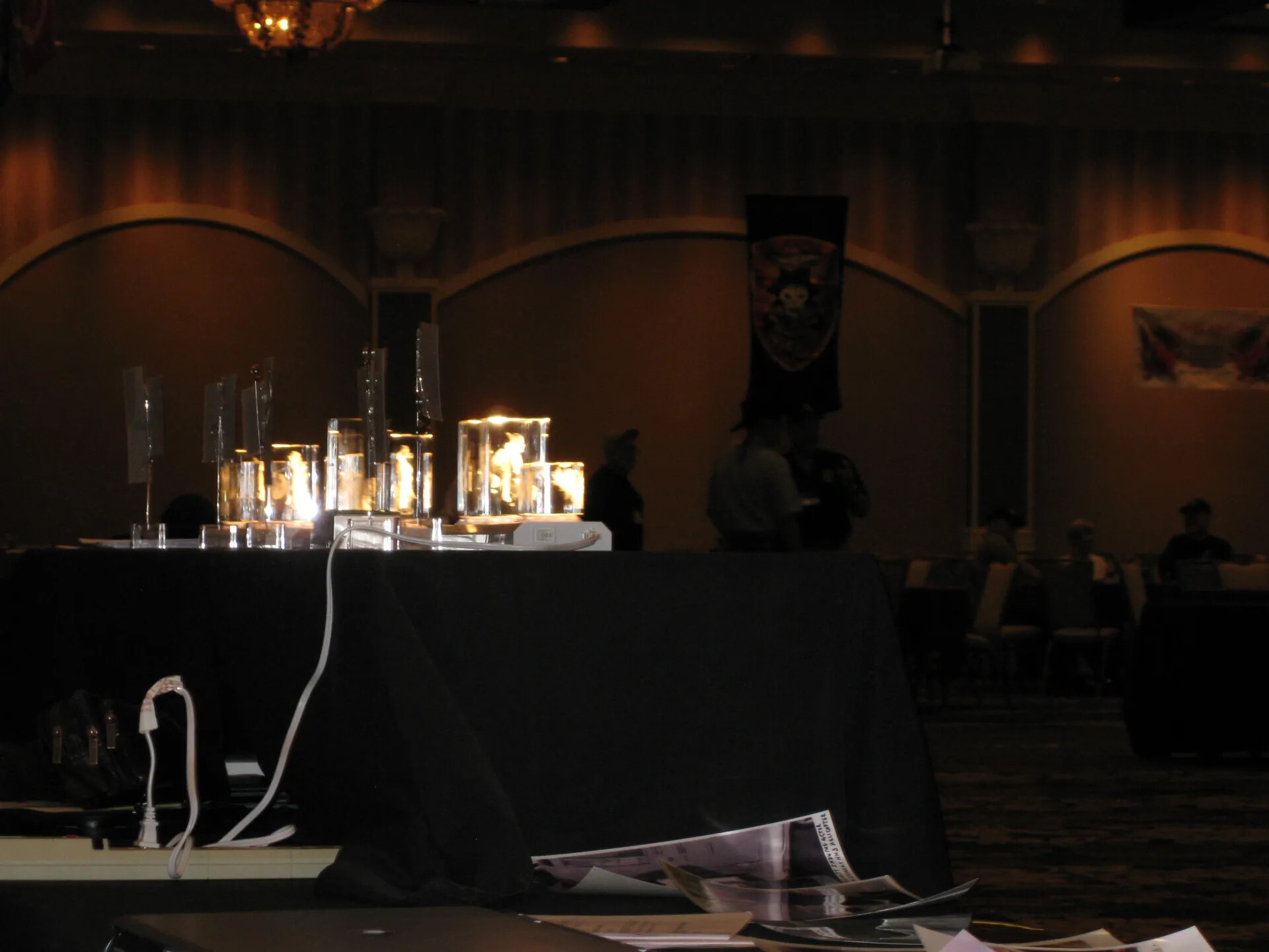Illuminated Laser-Etched Crystal Display in a Darkened Ballroom, SOAR XXXVII, Las Vegas, 2013 (underexposed)