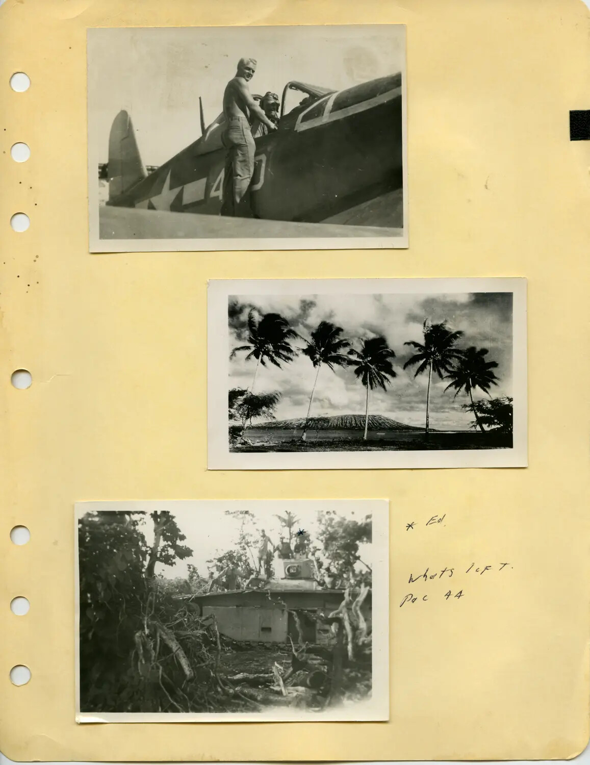 Pacific Theater Album Page — Fighter Aircraft, Tropical Landscape, and War-Damaged Structure, 1944, Edward P. McAleer