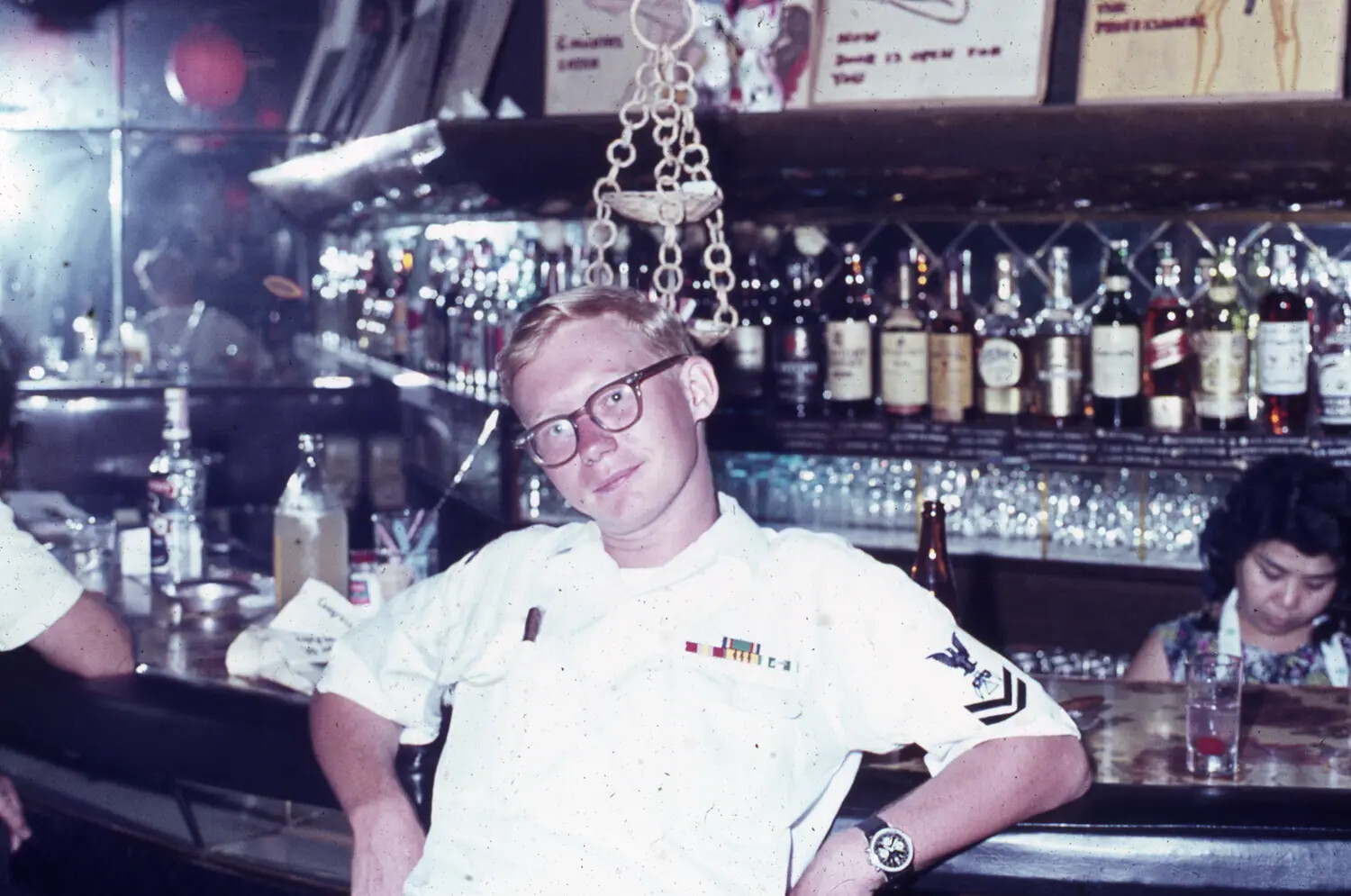 U.S. Navy Petty Officer at Bar Counter, Liberty Port, Vietnam War Era