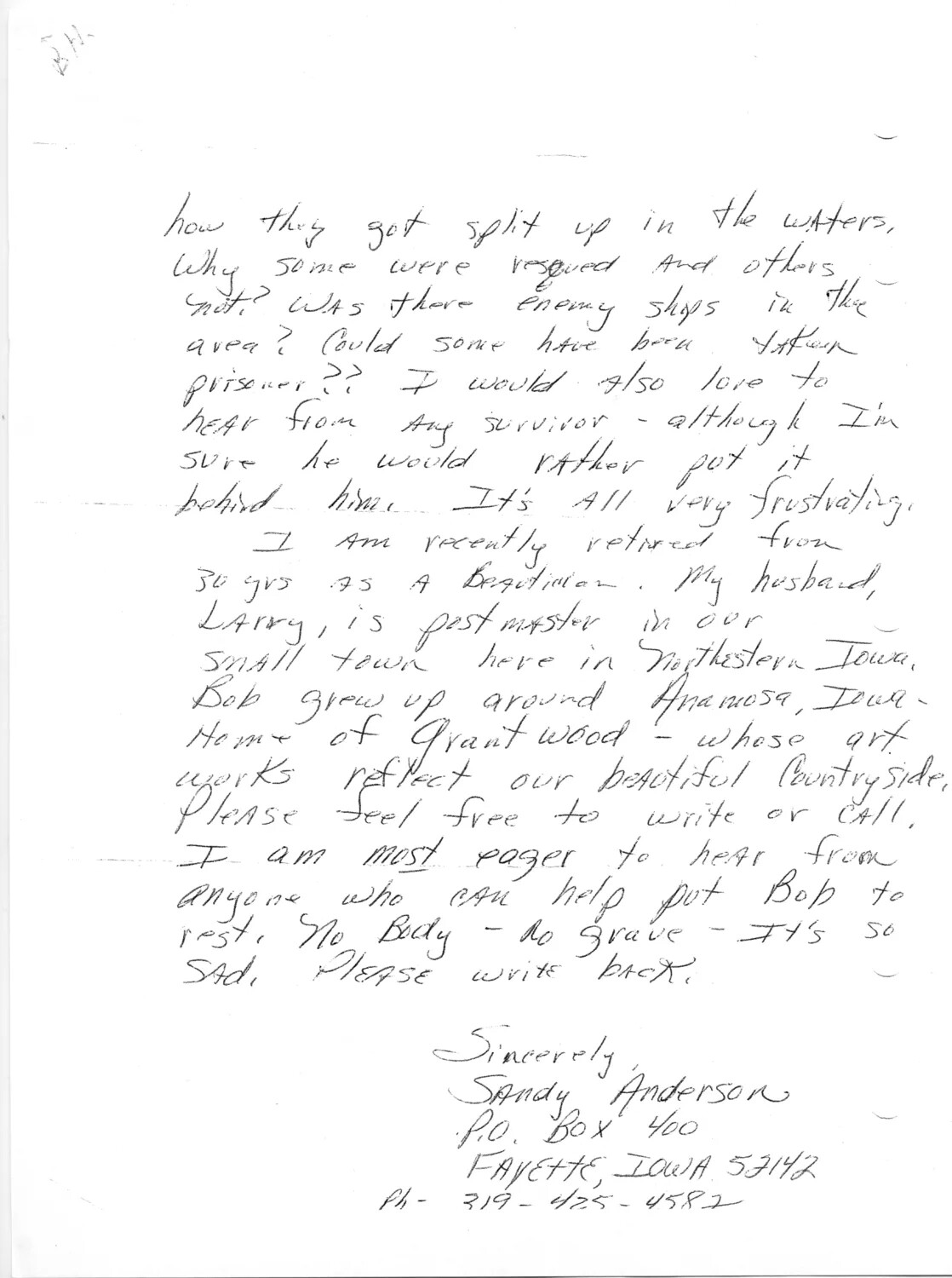 Handwritten Letter from Sandy Anderson Regarding Missing Korean War Serviceman 'Bob,' Lt. Bancroft Collection