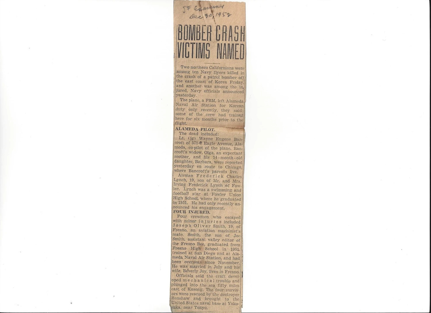 'Bomber Crash Victims Named' — San Francisco Examiner Clipping Reporting the Death of Lt. (jg) Wayne Eugene Bancroft, 30 December 1952