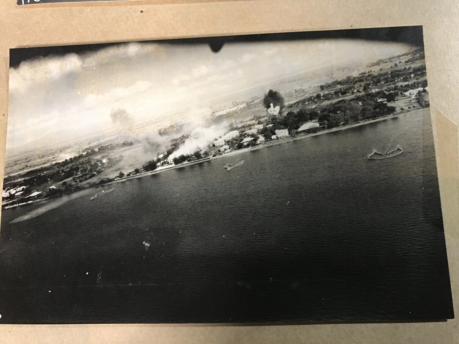 Aerial Strike Photograph of Coastal Town Under Attack, 312th Bombardment Group Collection, WWII Pacific Theater