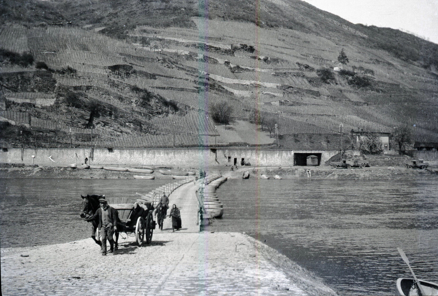 Pontoon Bridge Crossing with Horse-Drawn Cart, Terraced River Valley, Rhineland Region, c. World War I Era