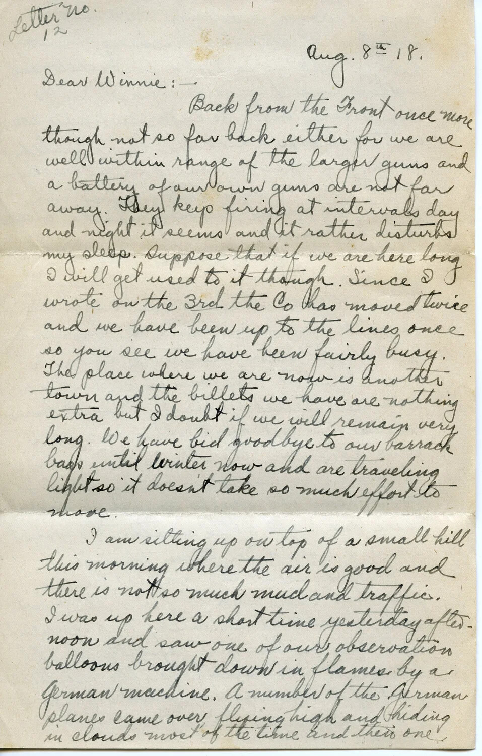 Handwritten WWI Letter No. 12 from Pvt. Willis W. Wagener, August 8, 1918