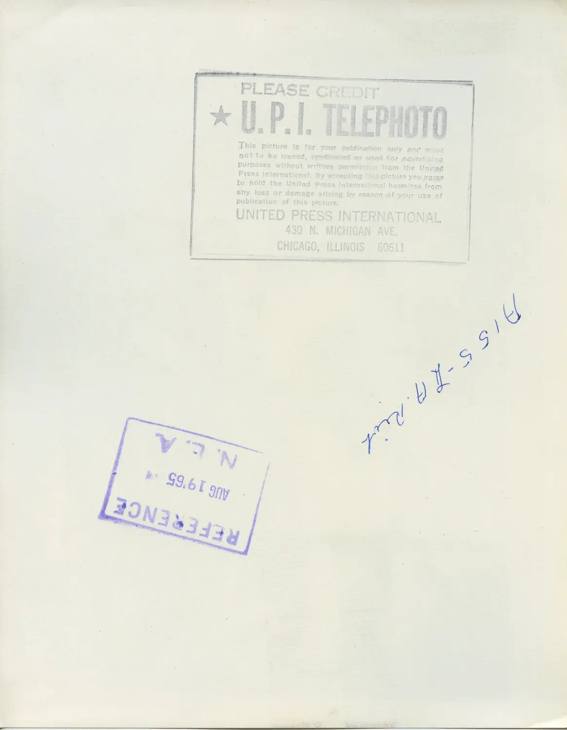 Verso/Credit Sheet for UPI Telephoto Wire Print, Watts Riots Coverage, August 1965