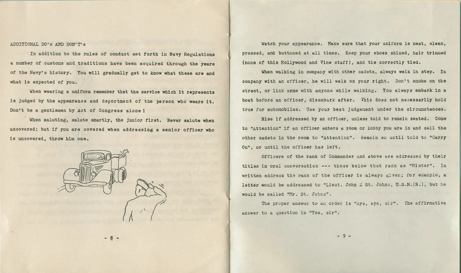 Printed Training Booklet, Pages 8–39, Naval Customs and Courtesies for Officers/Cadets (Pat McAleer Collection)