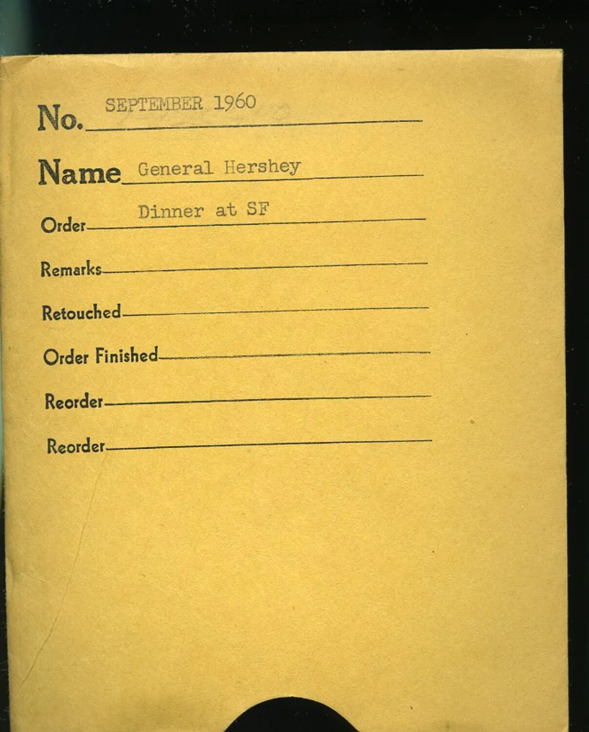 Photography Studio Order Envelope for 'General Hershey — Dinner at SF,' September 1960