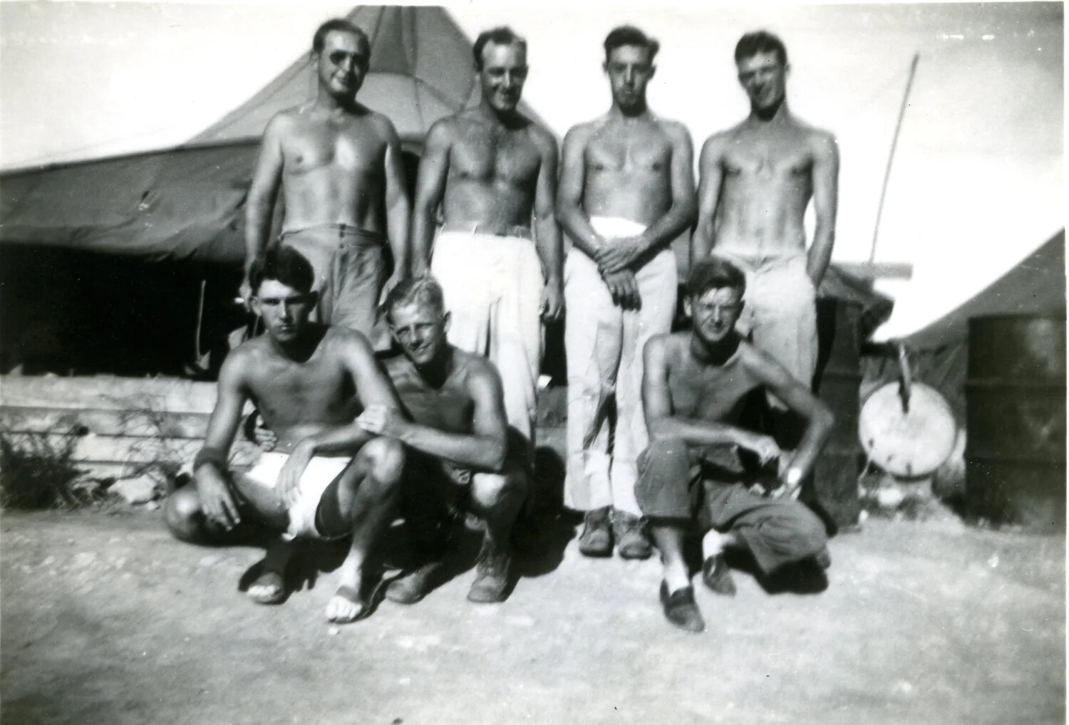 Group Portrait of Shirtless Marines at Tent Camp, Pacific Theater, WWII