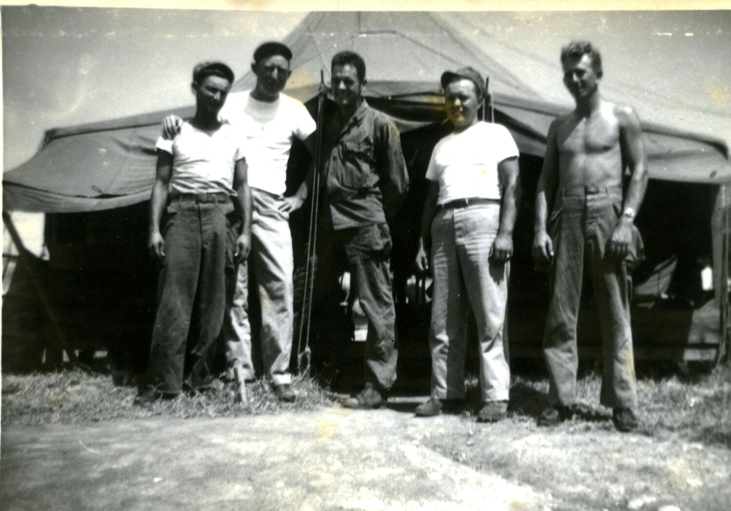 Five U.S. Marines Standing Before Open-Sided Tent (Adjusted Print), 5th Marine Division, Pacific Theater, 1945