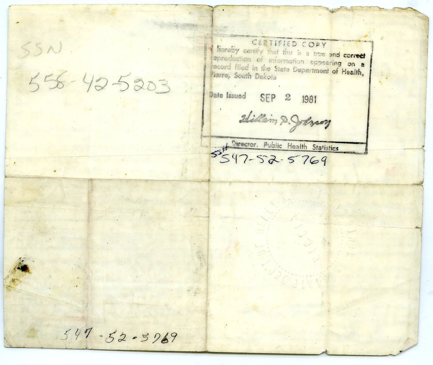 Certified Copy Verso, South Dakota State Department of Health (1981) - Misfiled Document, Burma Archive Folder