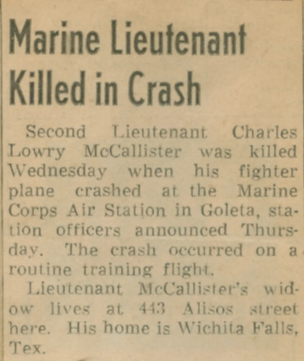 Newspaper Clipping: 'Marine Lieutenant Killed in Crash' — 2nd Lt. Charles Lowry McCallister, MCAS Goleta