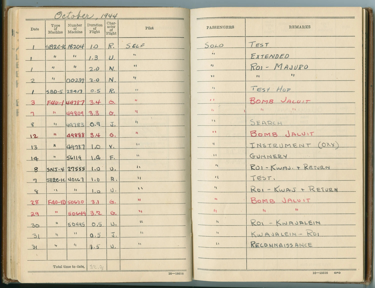 Pilot's Flight Log Book, October 1944 — Marshall Islands Combat and Patrol Flights (Pat McAleer Log Book, Jan. 1942-Sept. 1948)