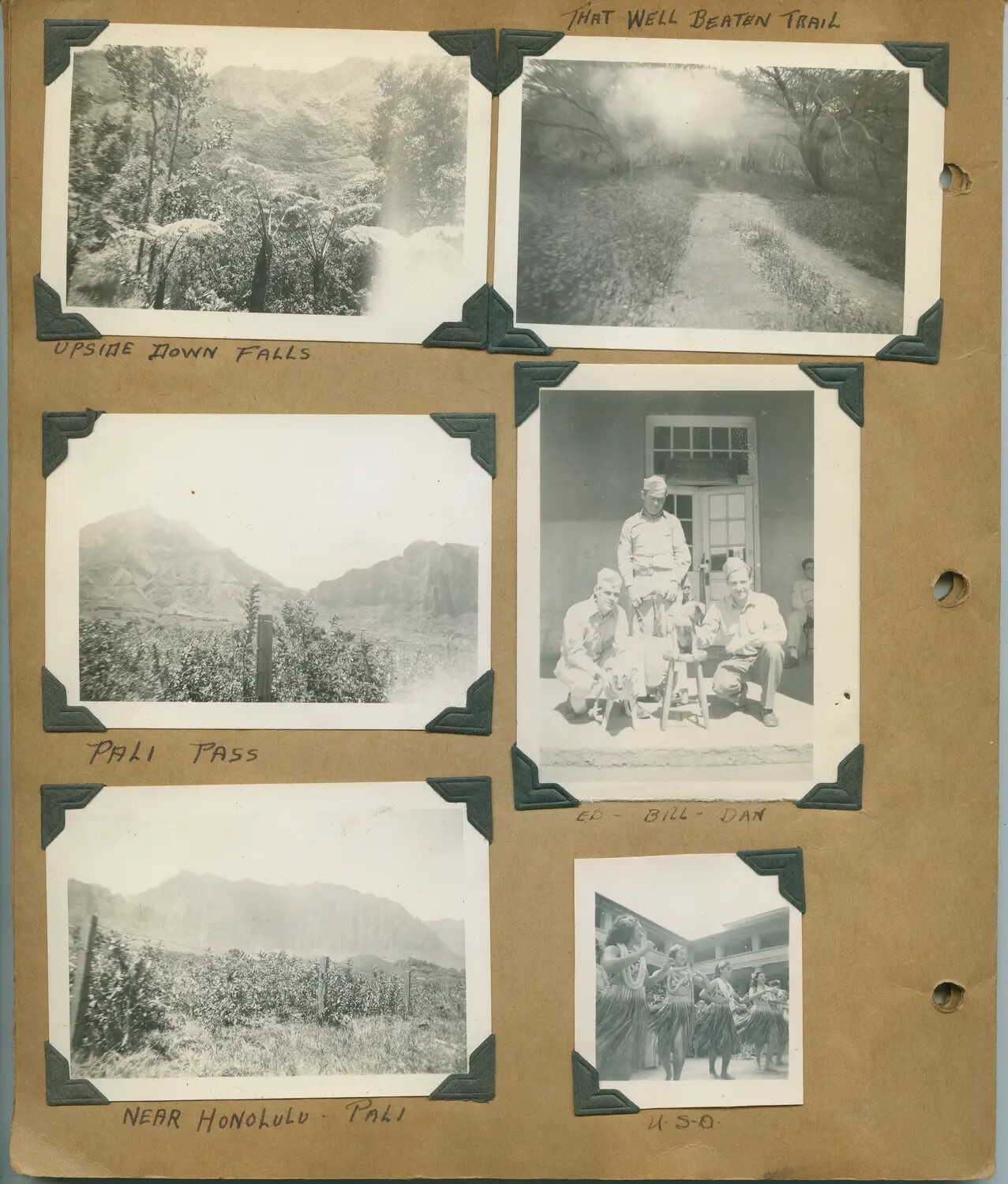 Album Page: Pali Cliffs, Waterfall, Trail, Servicemen Portrait, and USO Hula Show, Oahu, Hawaii