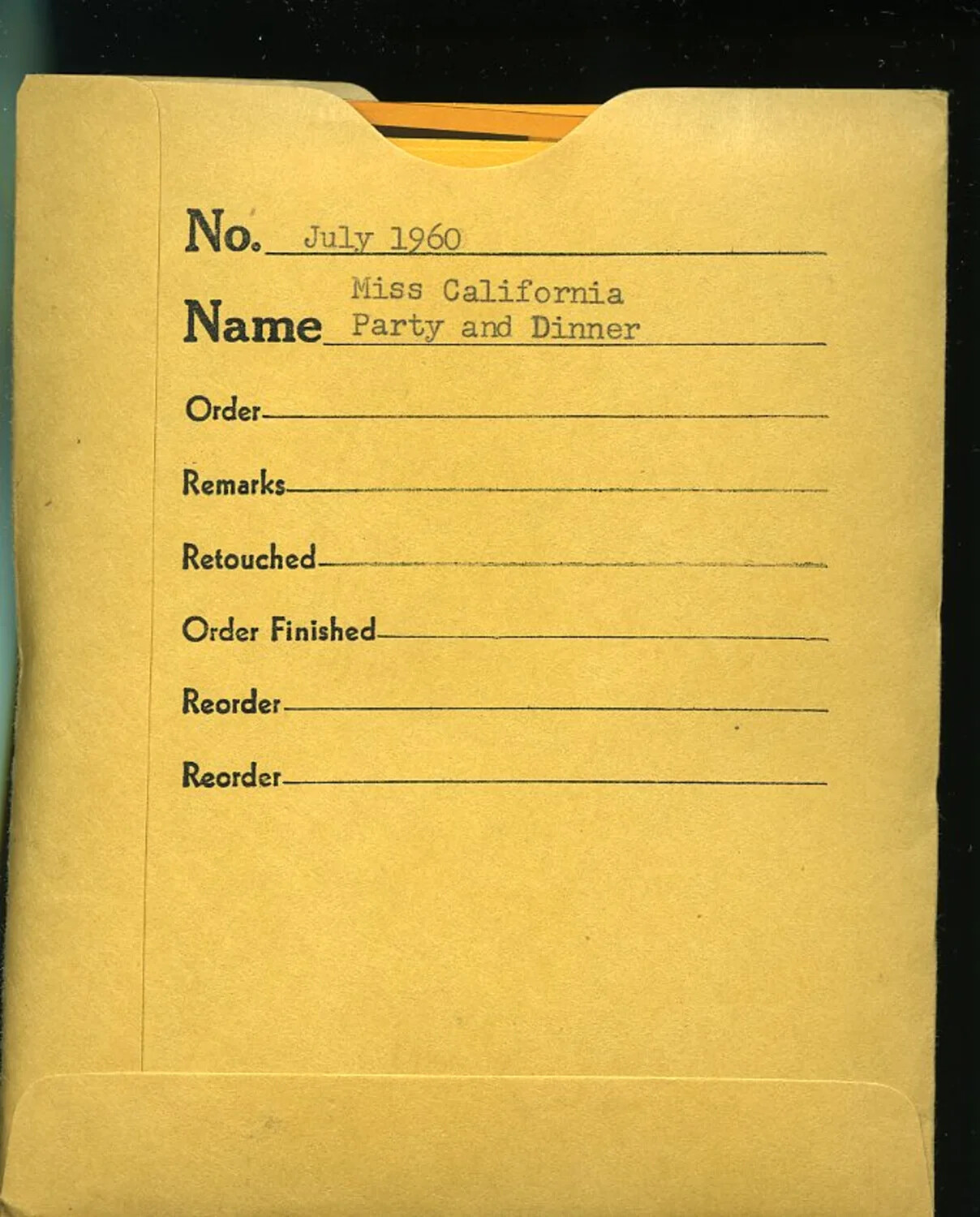 Photo Studio Order Envelope: 'Miss California Party and Dinner,' July 1960