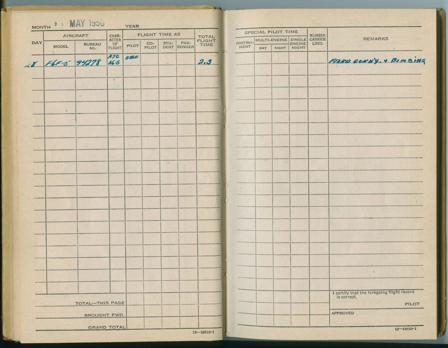Pilot Flight Logbook Page, F6F-5 Hellcat Training Flight, May 1950 – Pat McAleer Log Book