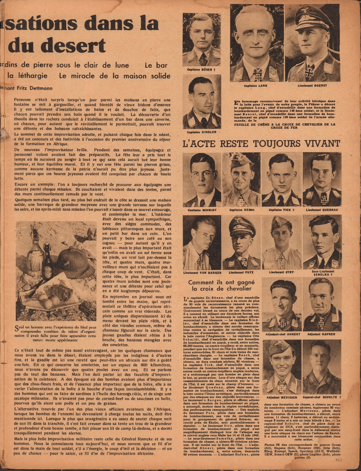 Der Adler (French-language edition), p. 811 — Desert-Campaign Feature Continuation and "L'Acte Reste Toujours Vivant" Portrait Gallery of Decorated Luftwaffe Airmen