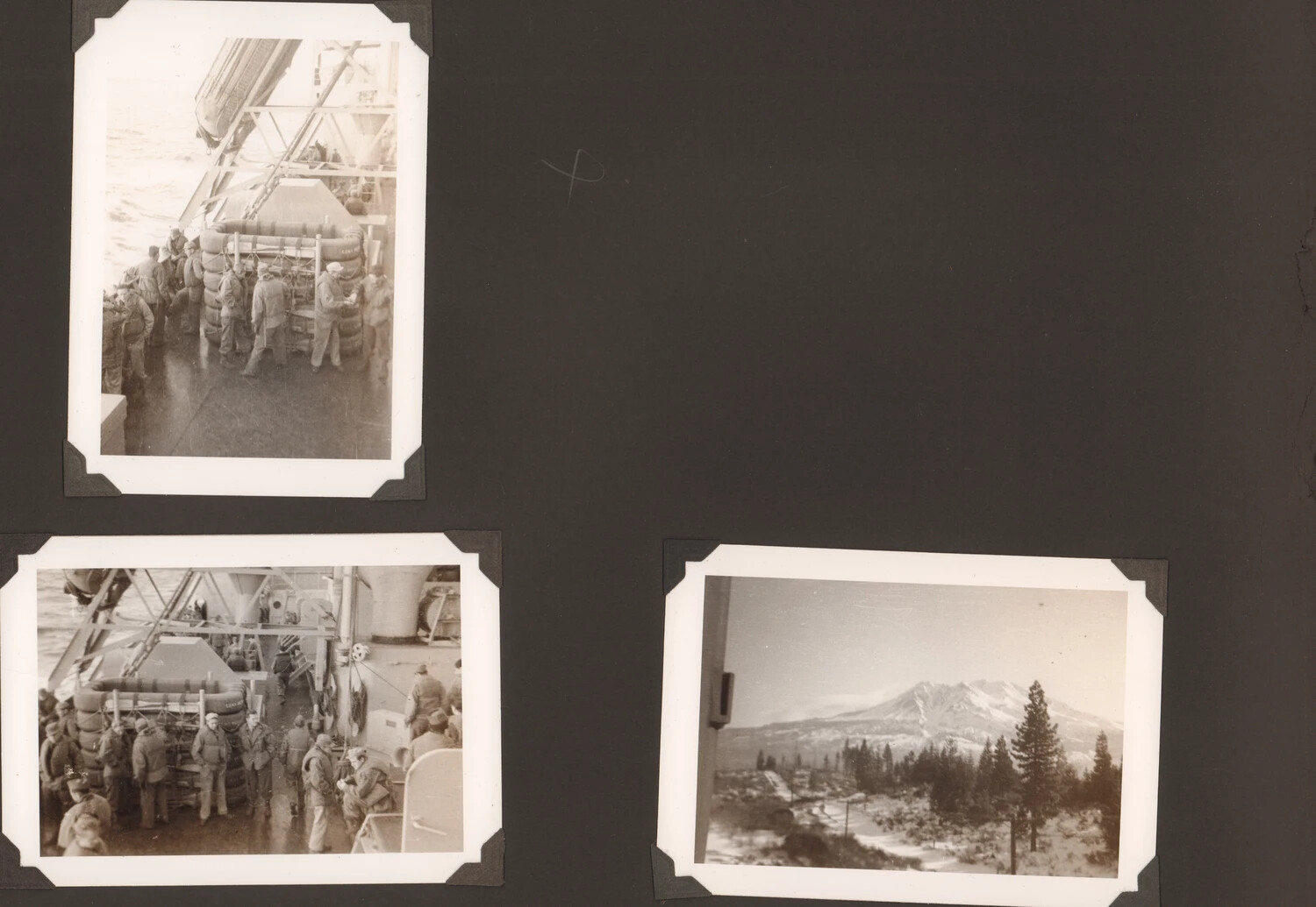 Album Page: Troopship Deck Scenes and Snow-Capped Mountain View, WWII Japan Occupation Era