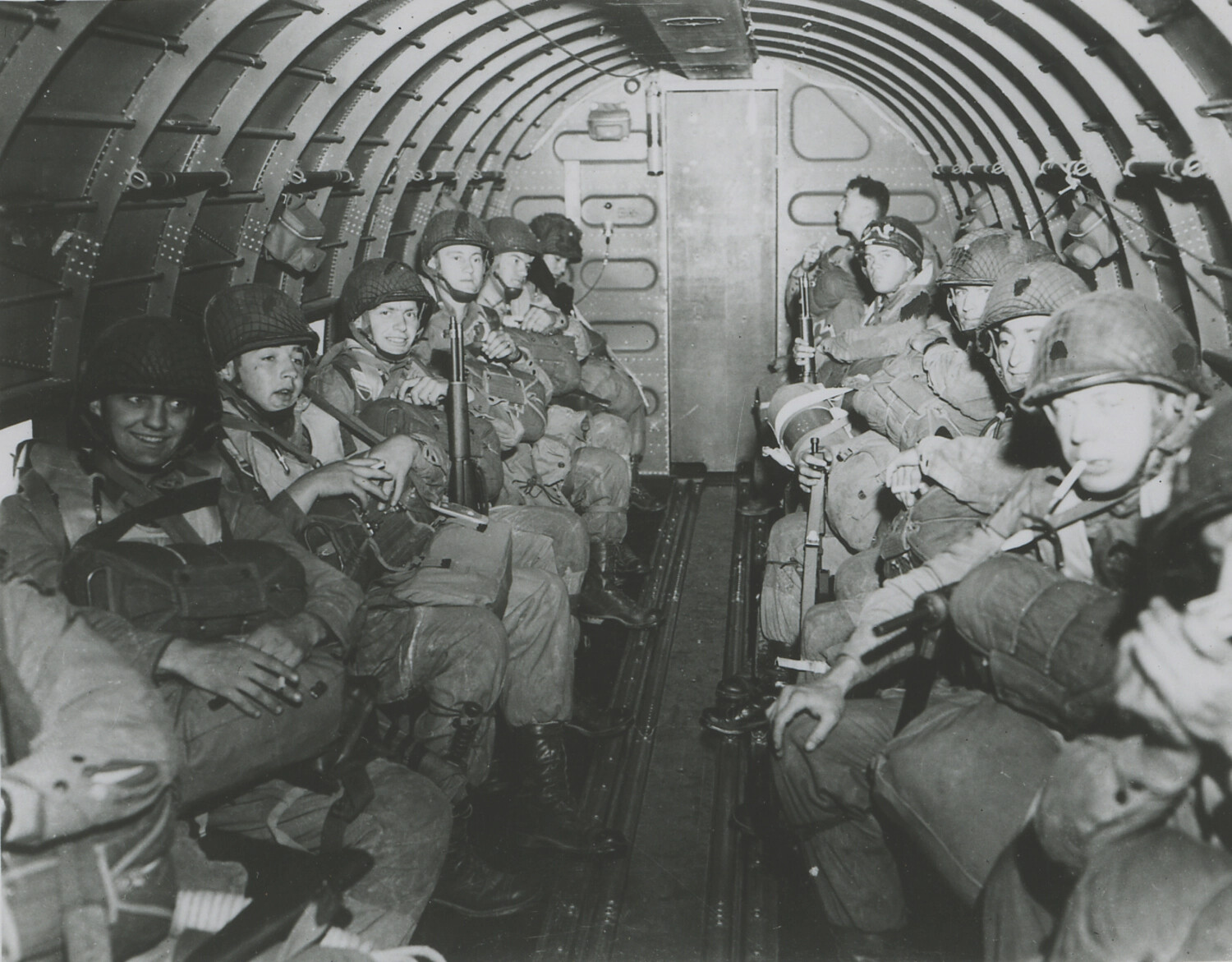 101st Airborne Paratroopers Seated Aboard C-47 Transport Aircraft Prior to Combat Jump