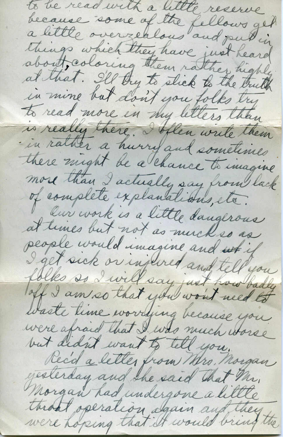 WWI Letter Page - Pvt. Willis W. Wagener Reassures Family About Wartime Dangers