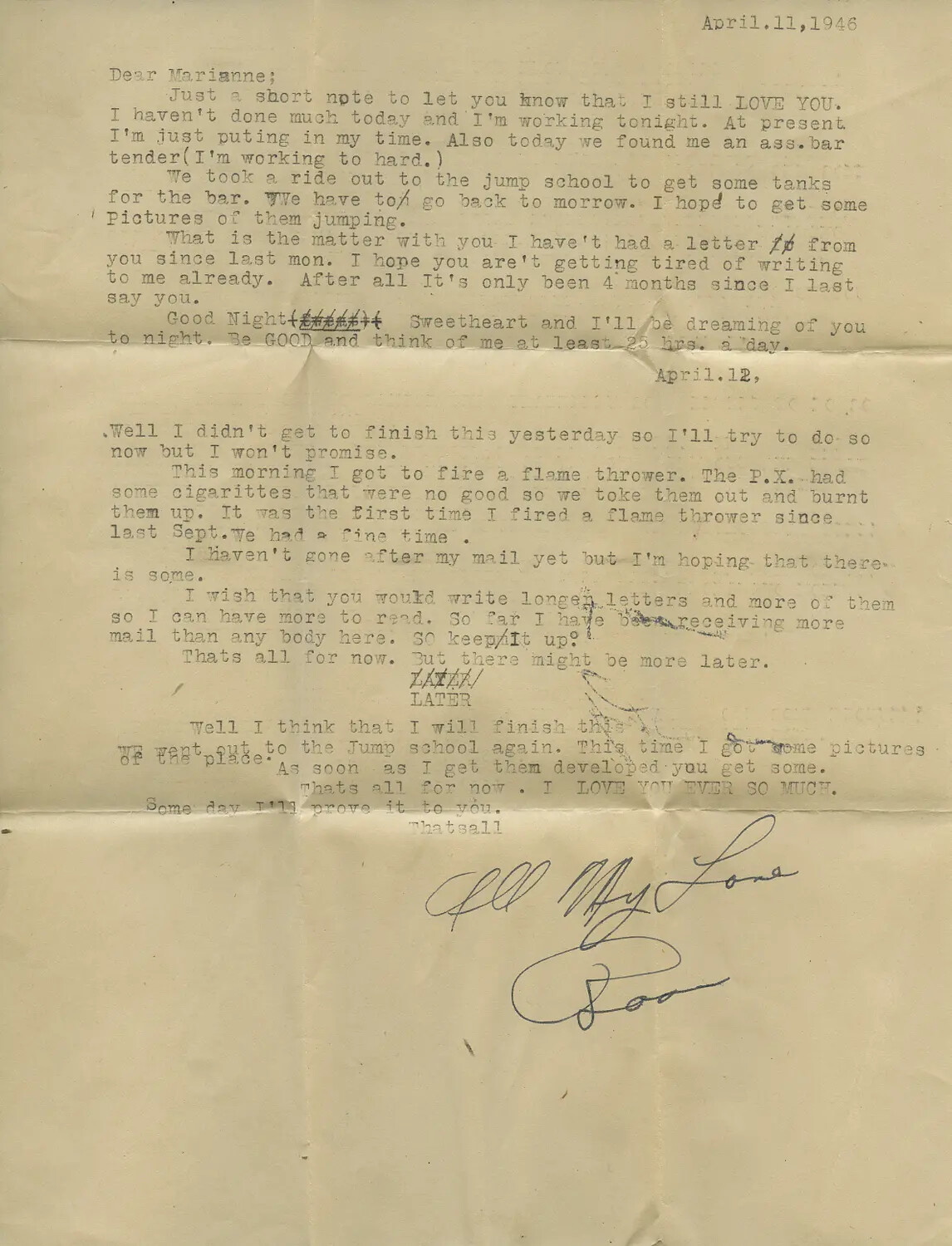 Typewritten Letter from Serviceman to Sweetheart 'Marianne,' Dated April 11-12, 1946