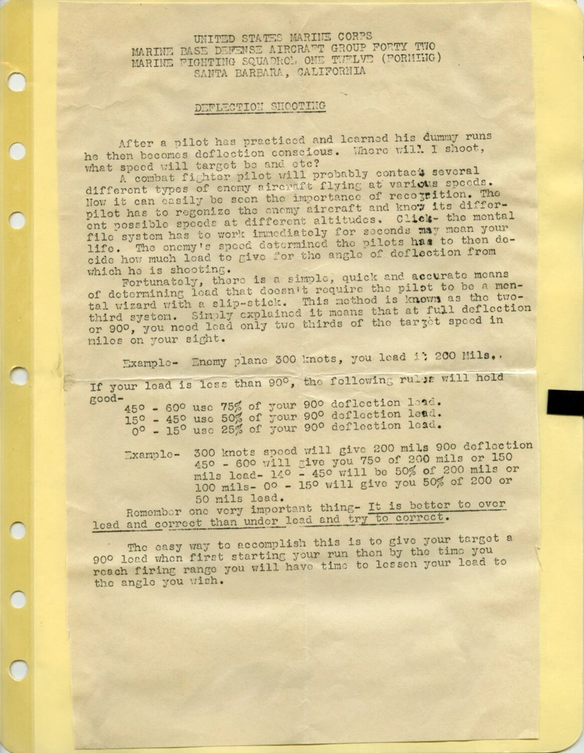 USMC Marine Fighting Squadron 112 Training Document: 'Deflection Shooting' (Santa Barbara, California)