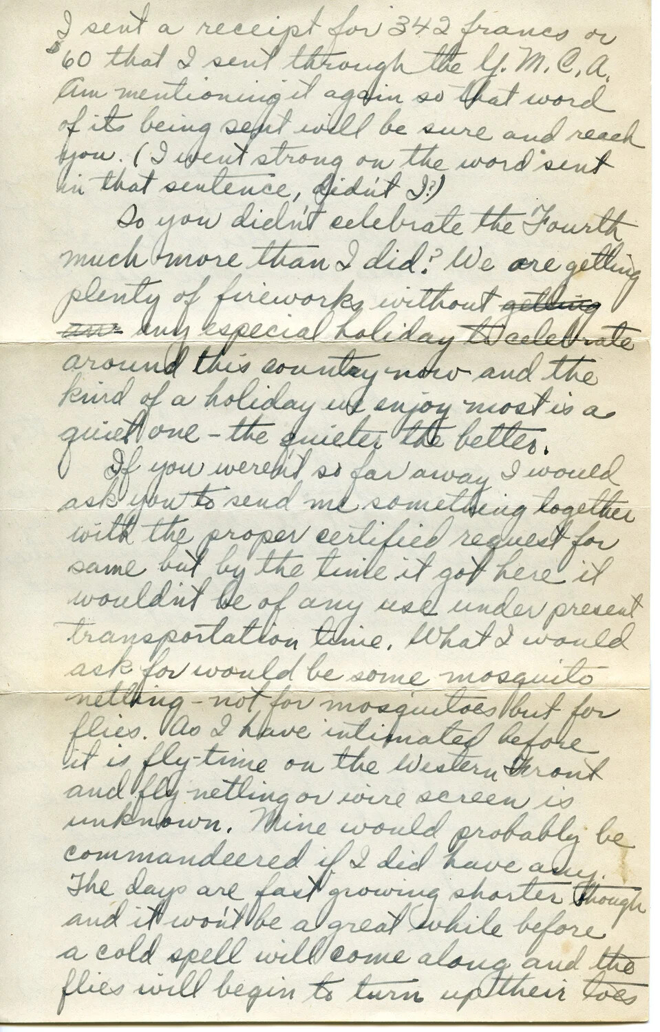 Handwritten WWI Letter from Pvt. Willis W. Wagener to Winnie, Page on Y.M.C.A. Funds and Western Front Flies