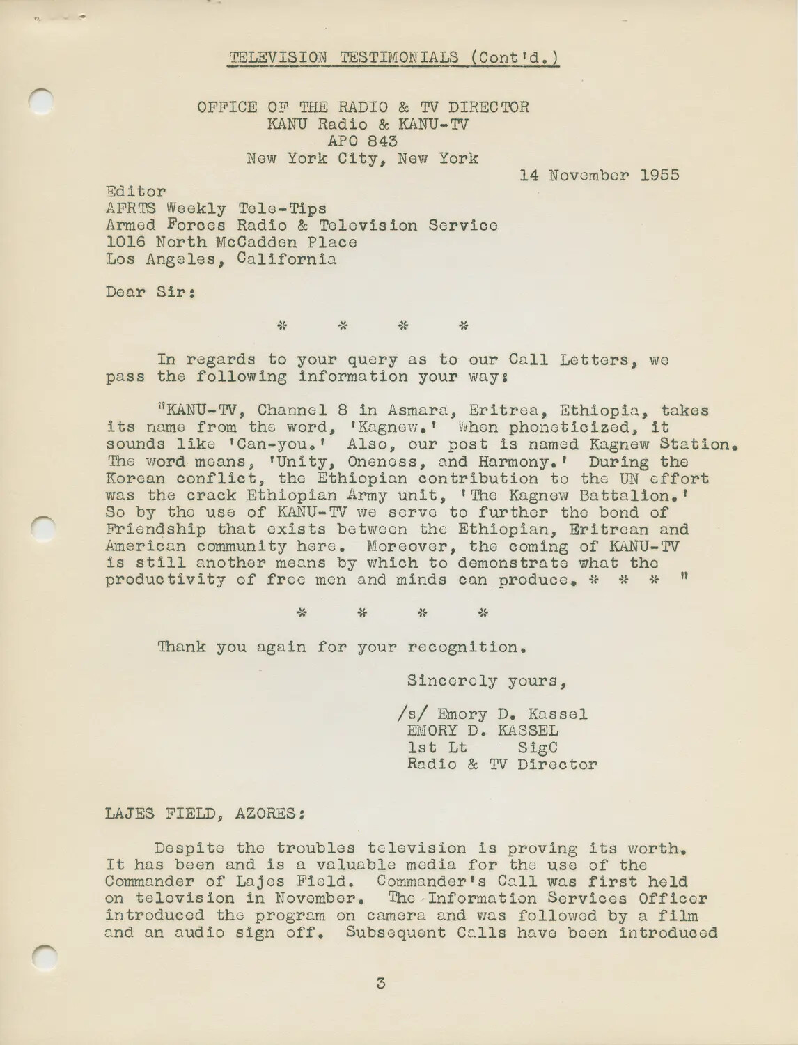 AFRTS "Television Testimonials" Document, Page 3 — KANU-TV Kagnew Station Letter and Lajes Field, Azores Report, 14 November 1955