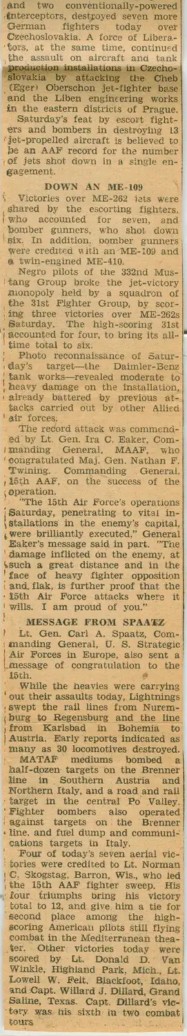 WWII Newspaper Clipping: 15th Air Force Downs 13 German Jet Fighters Over Czechoslovakia (Margaroli Scrapbook Collection)
