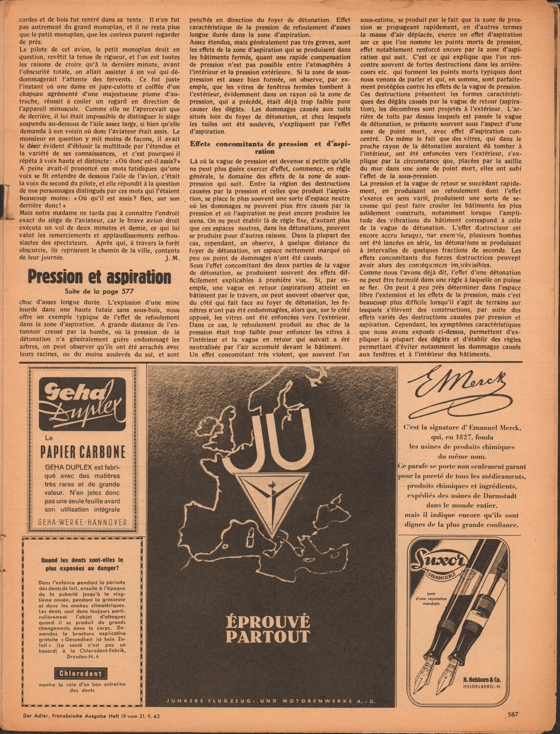 Der Adler (French Edition), Heft 19, 21 September 1943 -- Page 587: 'Pression et aspiration' Article Continuation with Period Advertisements