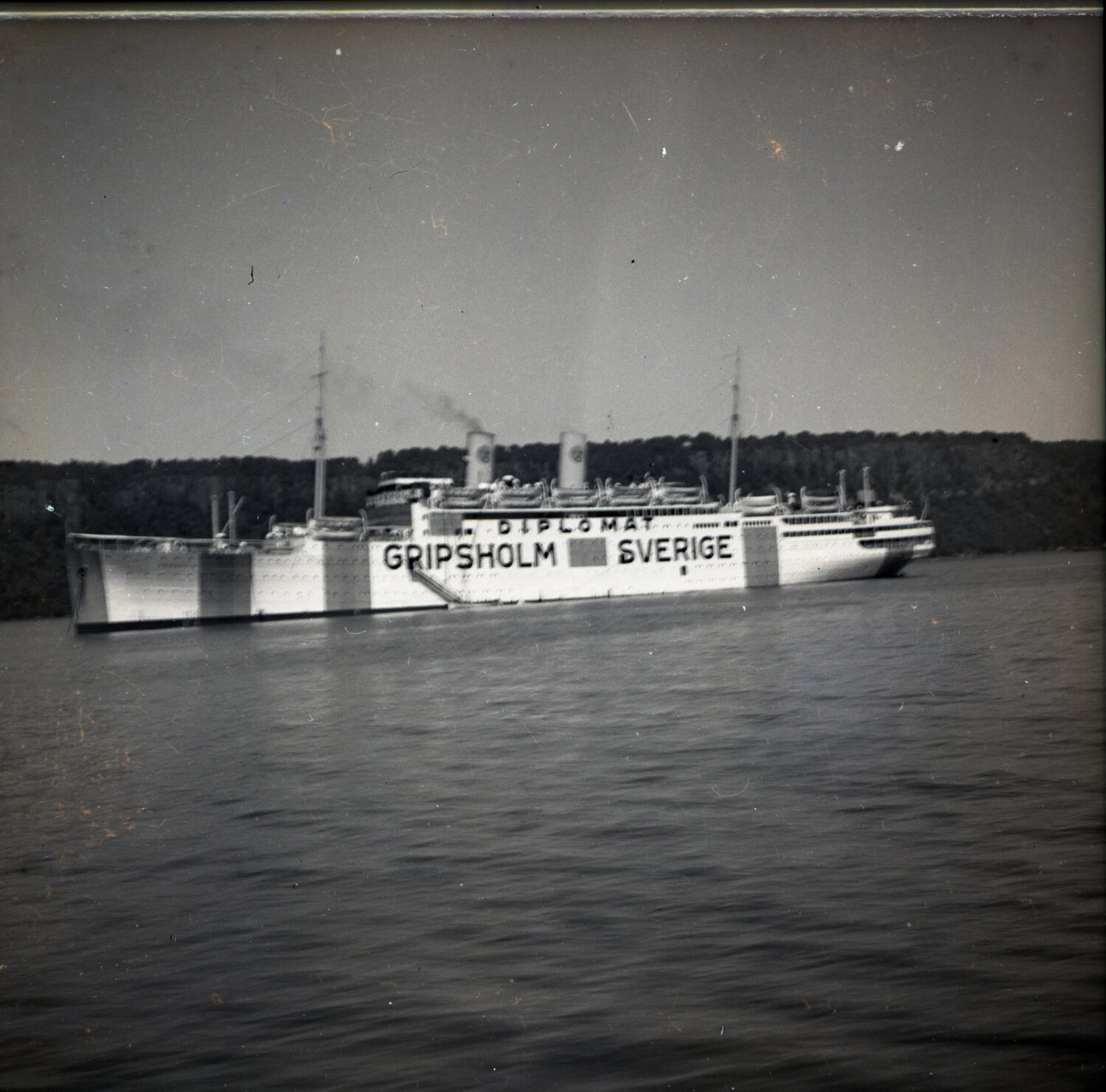 MS Gripsholm, Swedish Exchange/Diplomatic Liner, Broadside View at Anchor