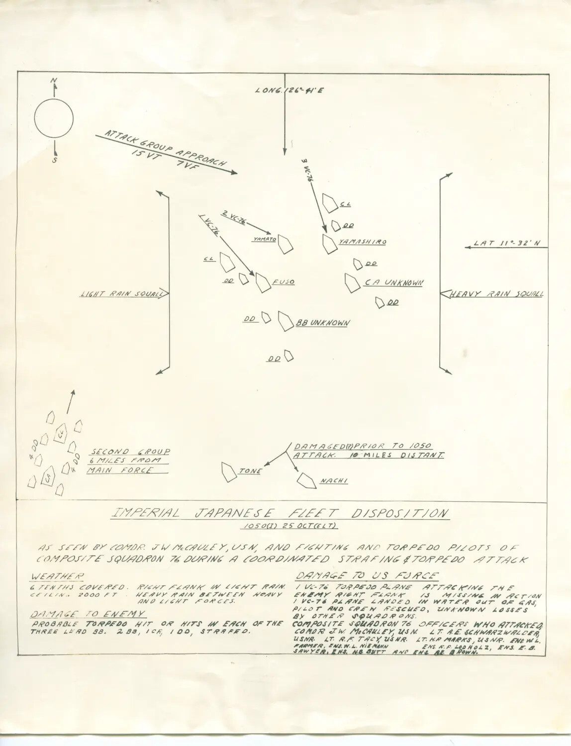 Hand-Drawn Intelligence Chart: Imperial Japanese Fleet Disposition During VC-76 Attack, 25 October 1944 (Battle of Leyte Gulf)