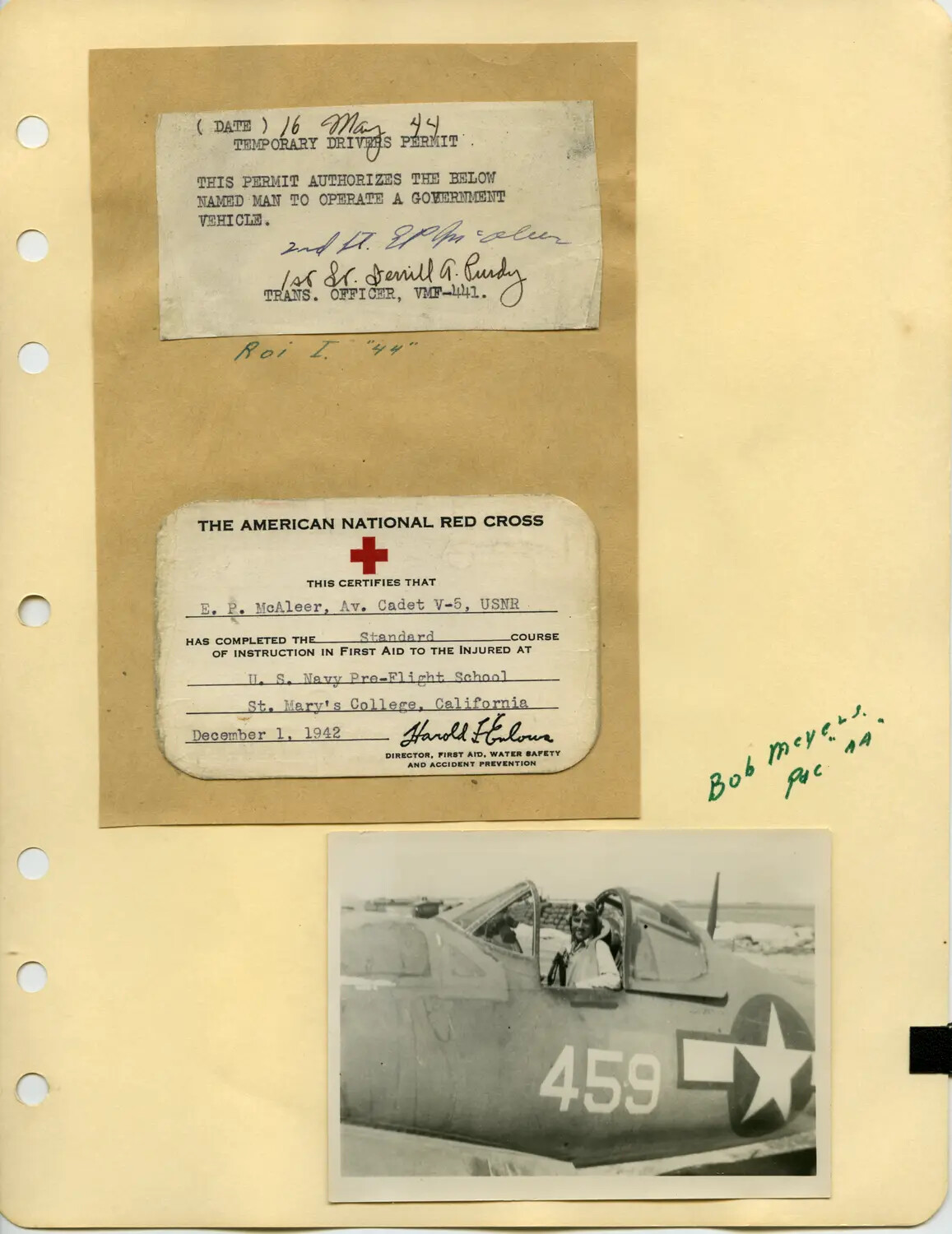 E.P. McAleer Scrapbook Page: Driver's Permit, Red Cross Certificate, and Cockpit Photograph, WWII