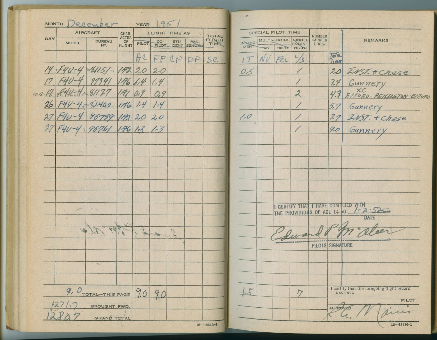 Flight Logbook Page, December 1951 -- Edward P. McAleer, F4U-4 Corsair, Korean War Era