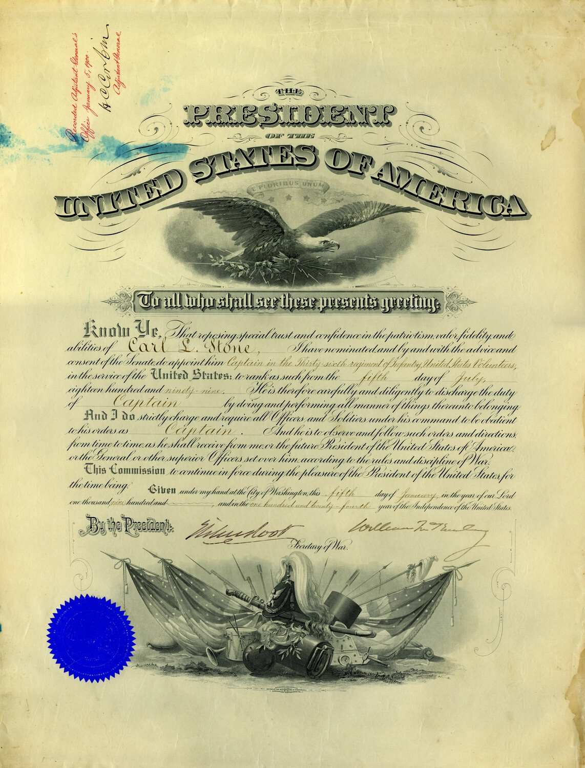 Presidential Commission Appointing Carl L. Stone Captain, 36th U.S. Volunteer Infantry, 1899