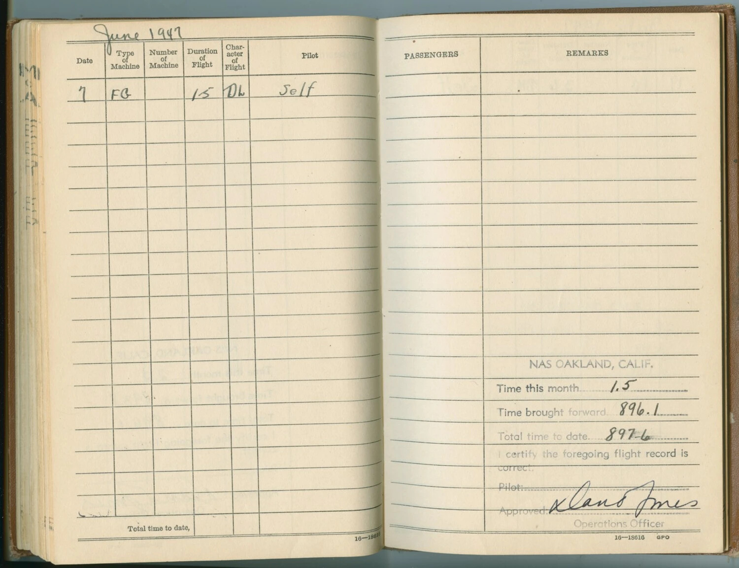 Pat McAleer Aviator's Flight Log Book, June 1947 Entry — NAS Oakland, California