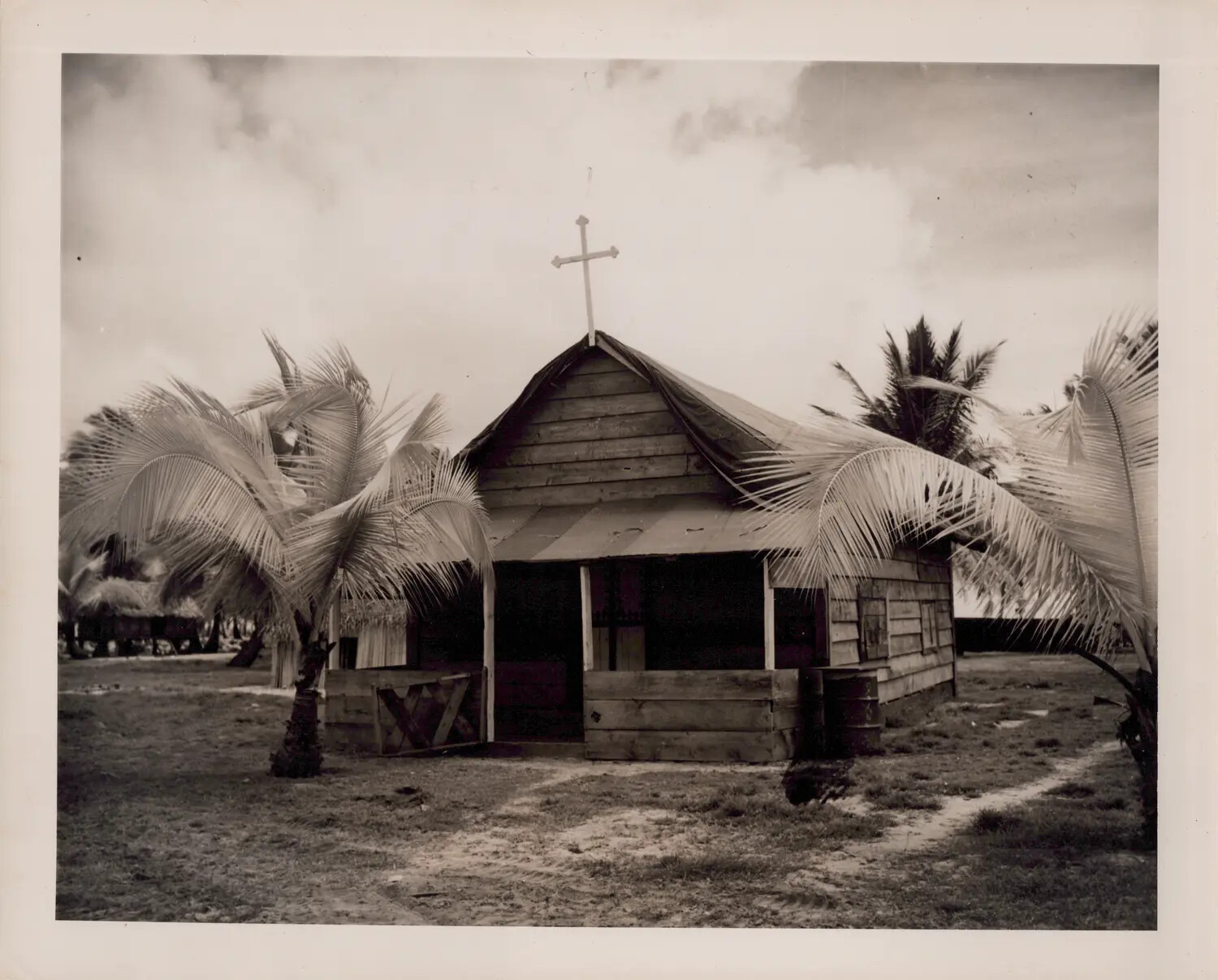 Small Wooden Chapel with Cross, Pacific Island, World War II-Era Photograph