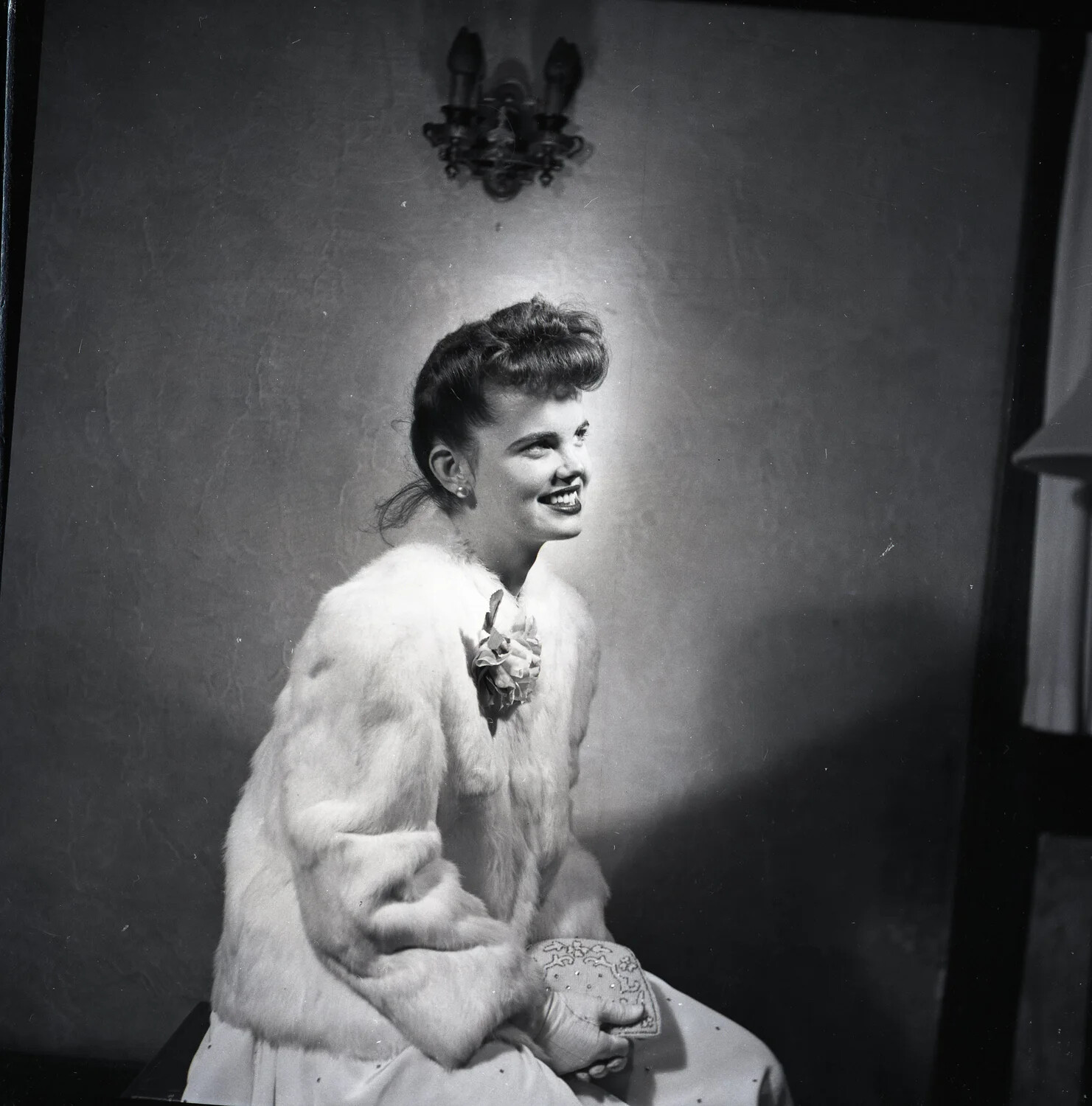 Studio Portrait of Young Woman in Fur Stole, 1940s (Military Band Collection Negative)