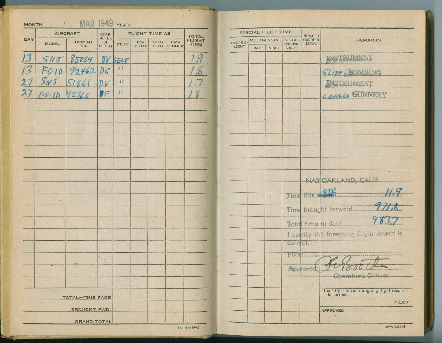 McAleer Personal Flight Log Book, March 1949 Entries — SNJ and FG-1D Corsair Flights, NAS Oakland
