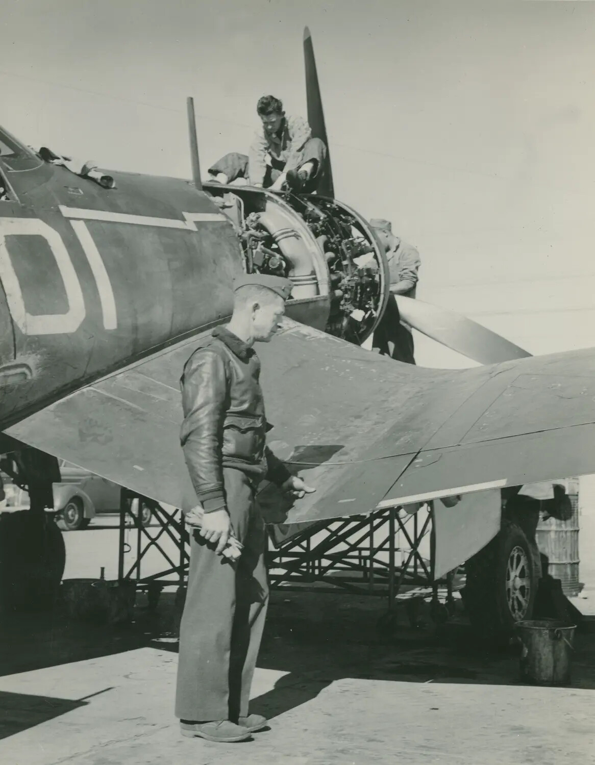 Ground Crew Servicing a Vought F4U Corsair's Radial Engine, WWII Flight Line
